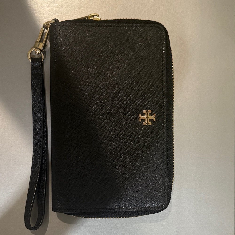 Tory Burch Black Wristlet with Gold Emblem